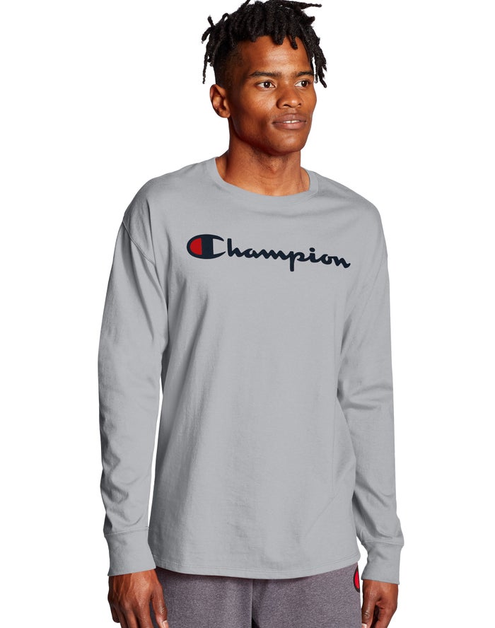 Champion Classic Long-Sleeve Script Logo - Miesten Harmaat T-Paita - Suomi 7610934-XA